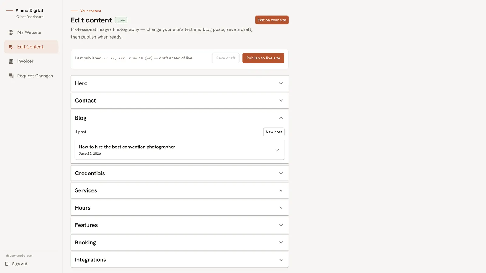 The blog editor: writing a new post in the dashboard