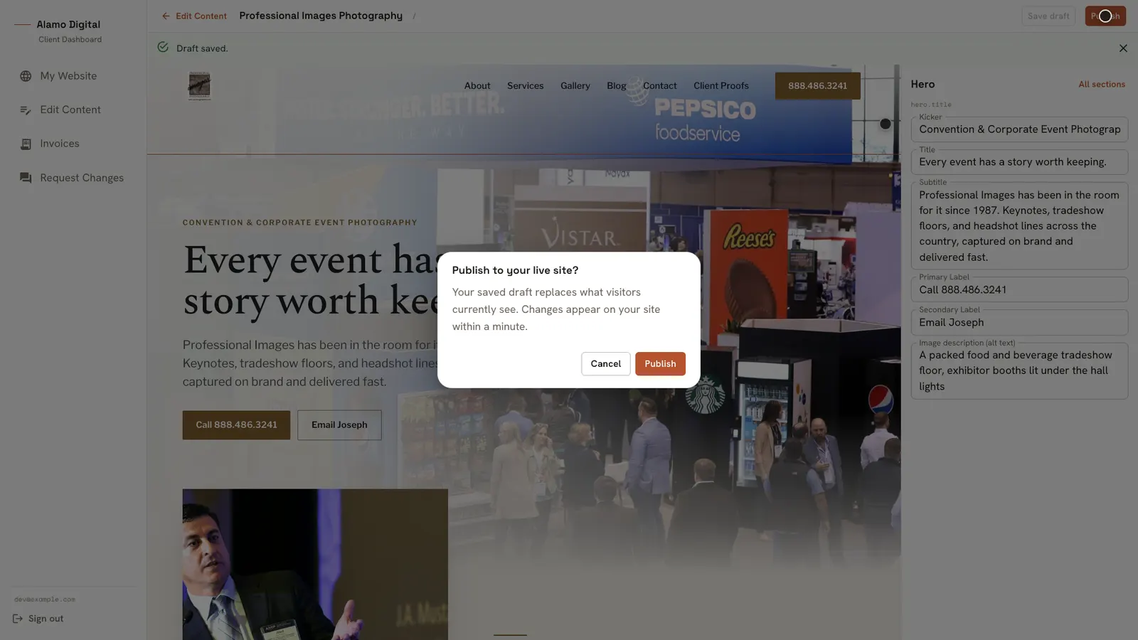 The publish screen: pushing edits live with one click