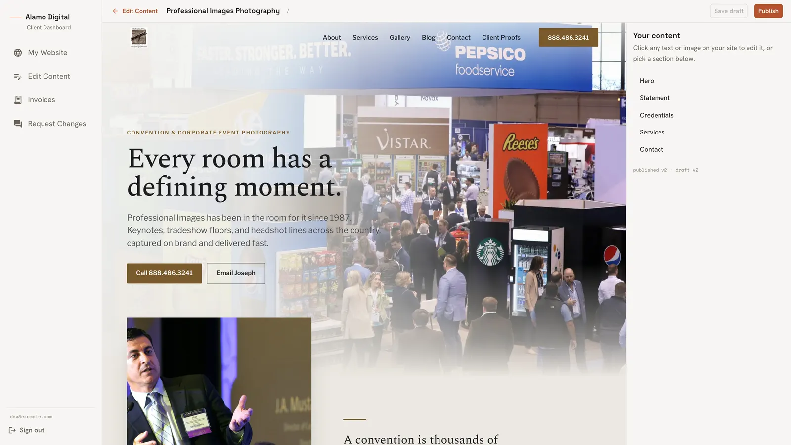 The visual editor: pointing at a headline on the live site and editing it in place