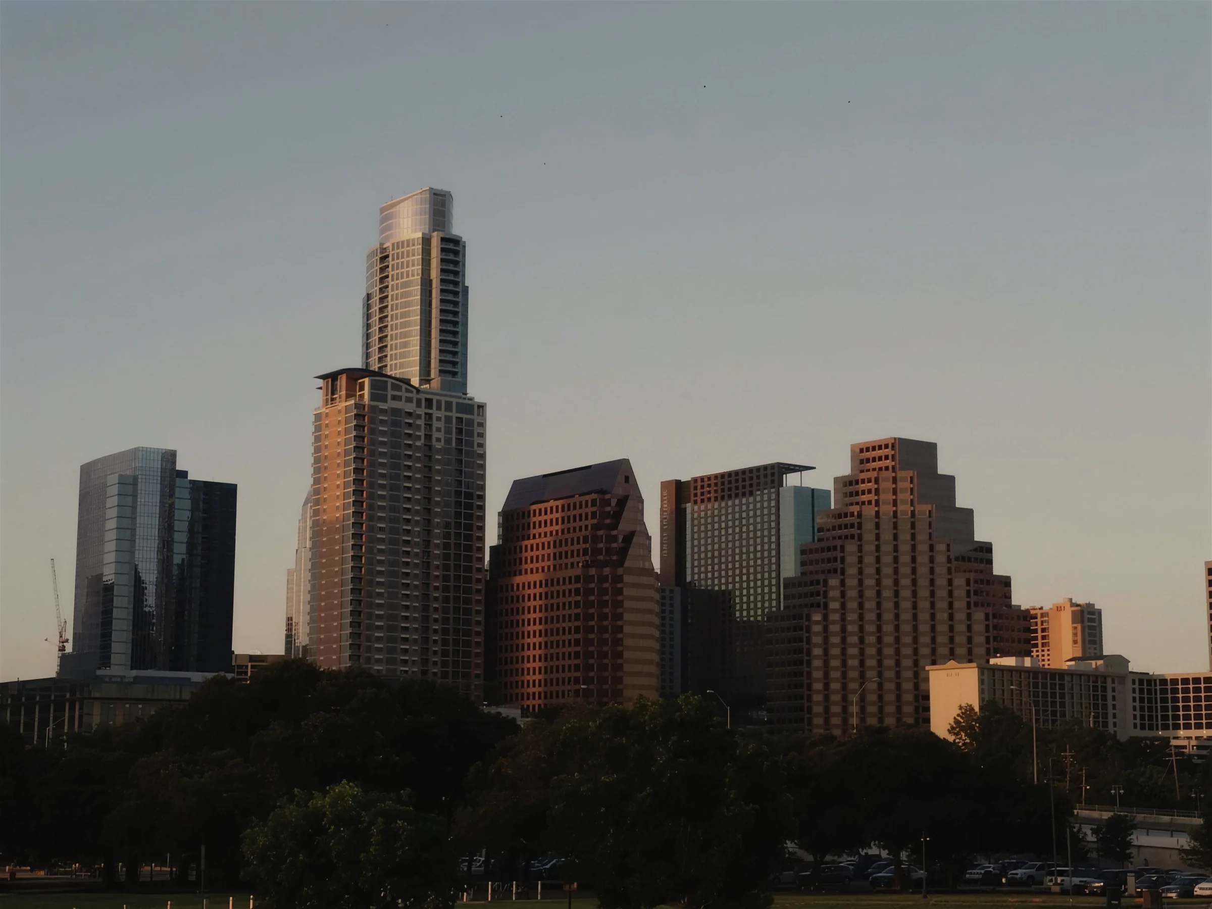 The downtown Austin skyline in late afternoon light above the treeline