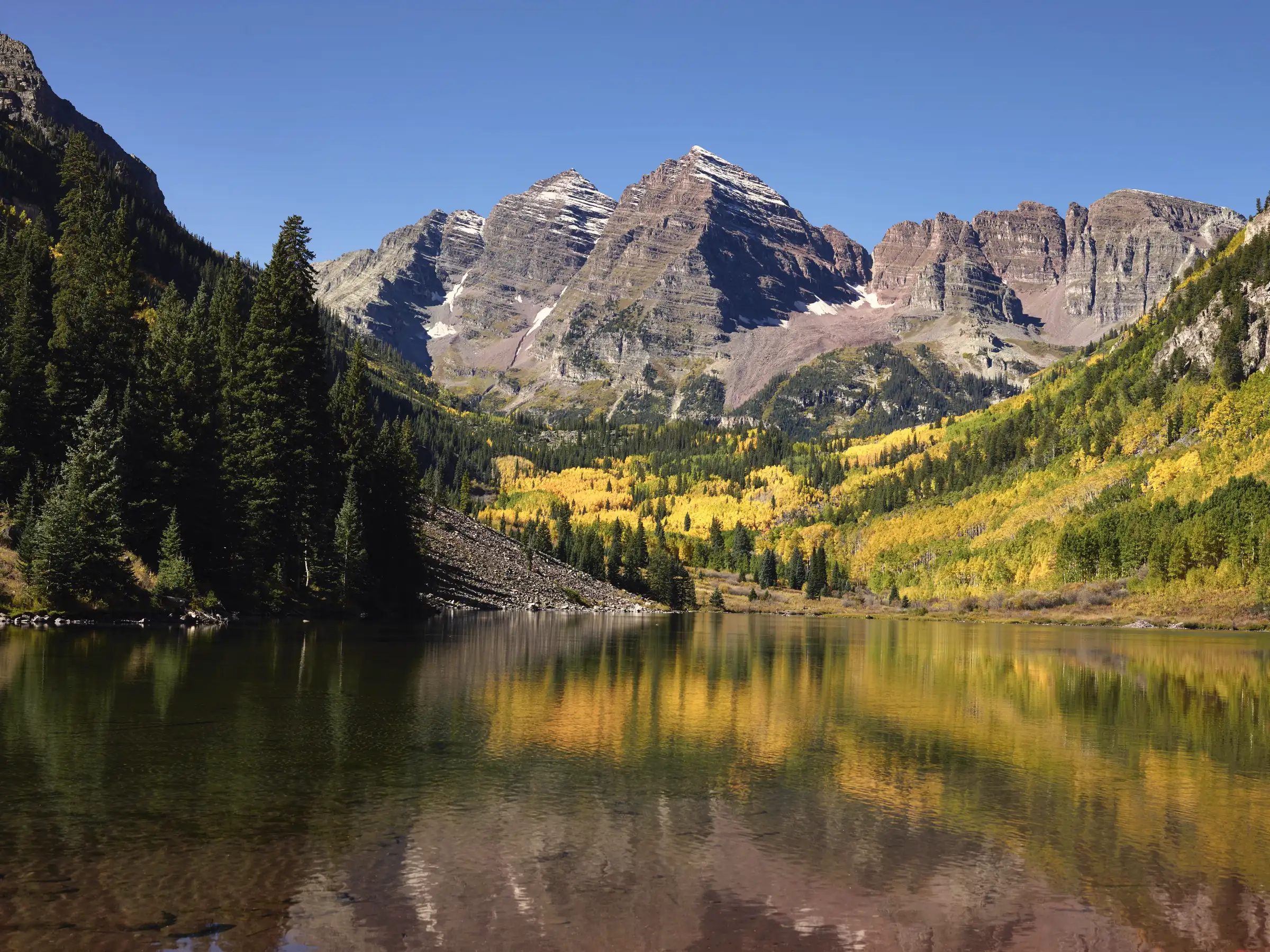 The Maroon Bells above Maroon Lake near Aspen, Colorado, aspens turning gold
