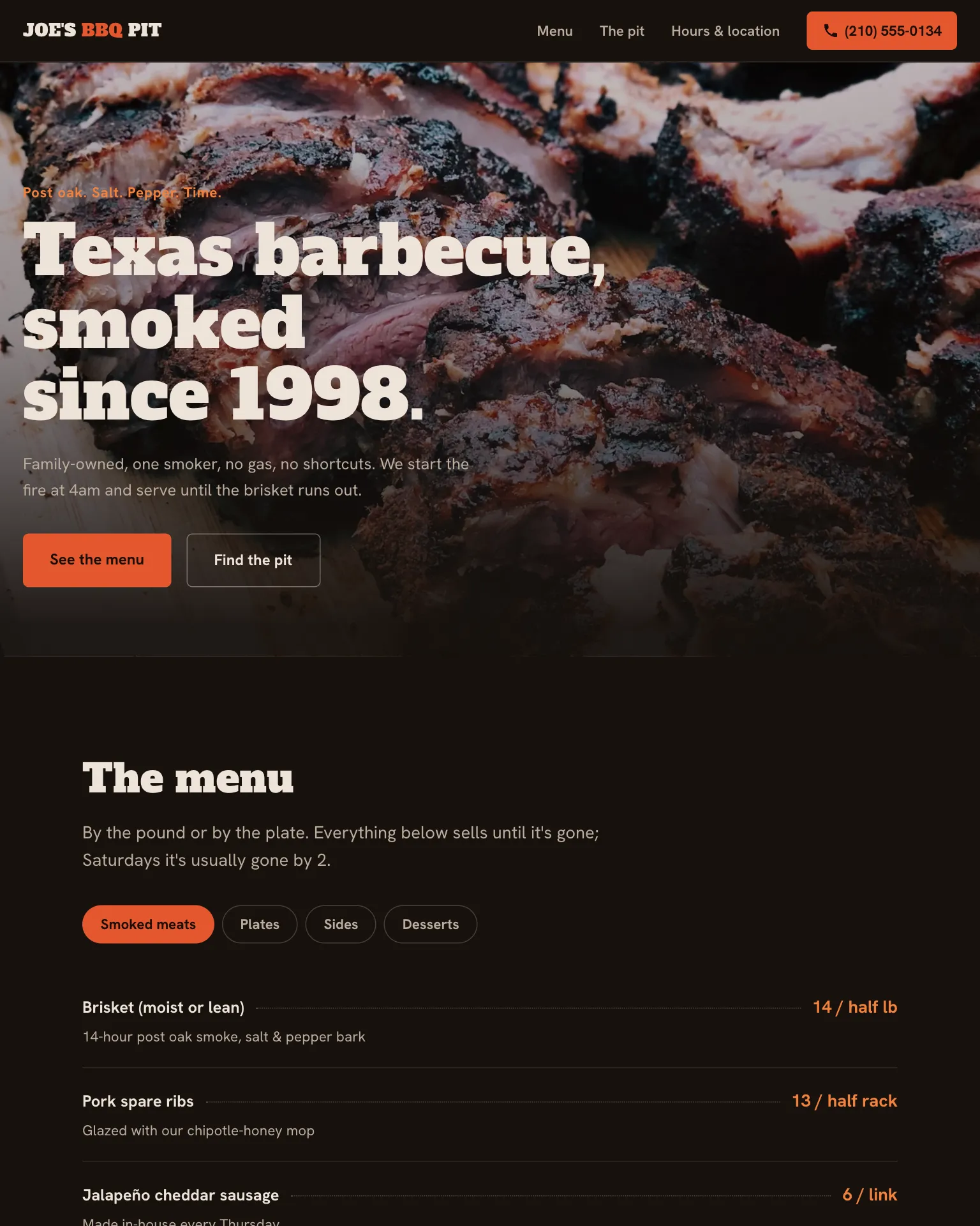 The Joe's BBQ Pit demo build: smoked brisket hero with a live menu