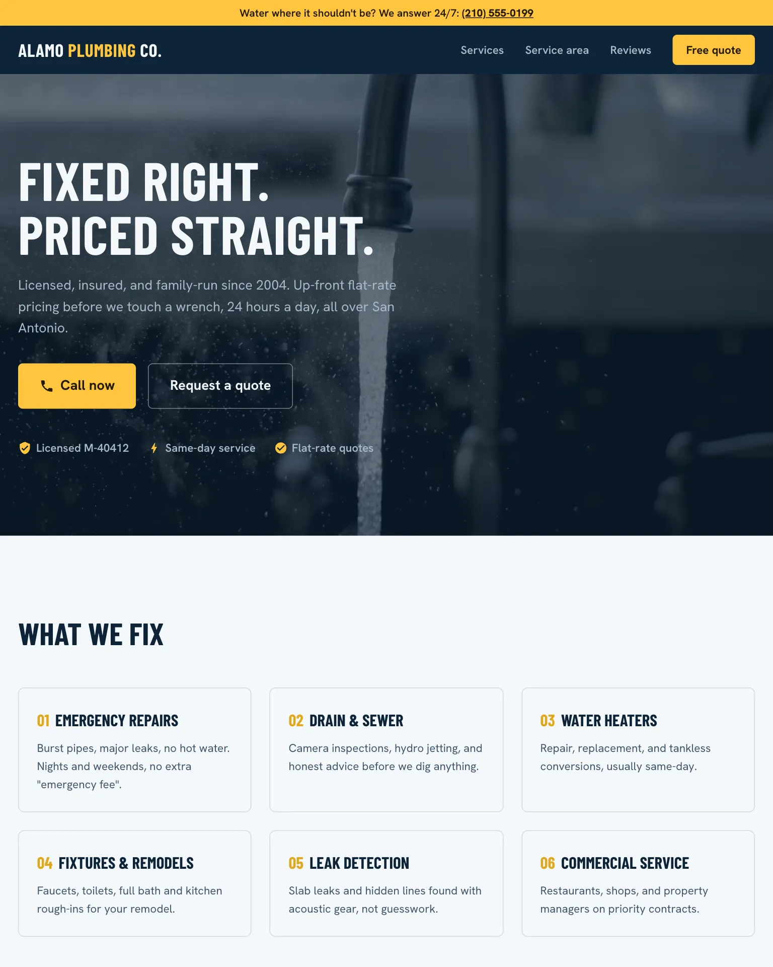 The Alamo Plumbing Co. demo build: trade-tough site with an emergency call strip