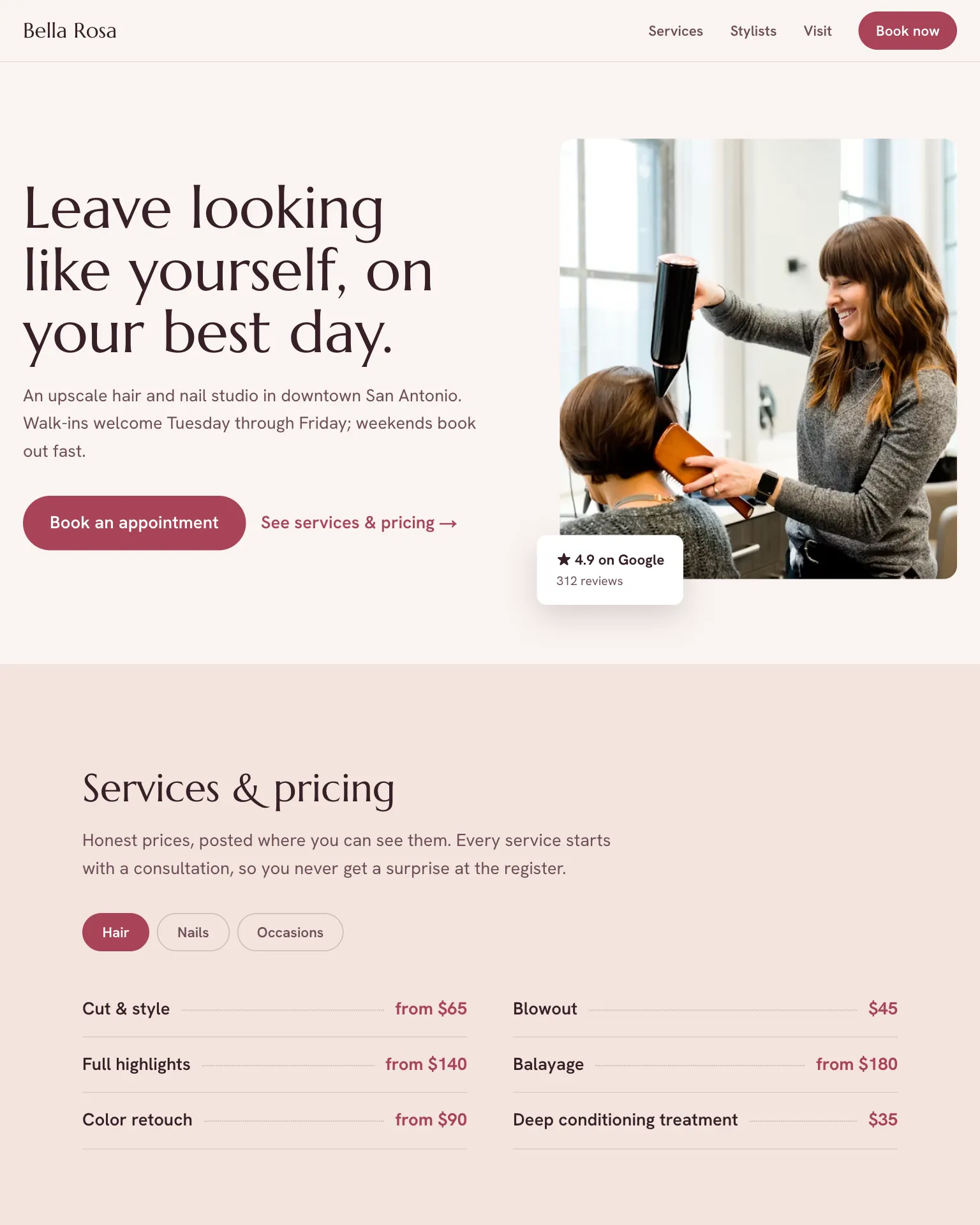 The Bella Rosa Salon demo build: soft editorial salon site with booking
