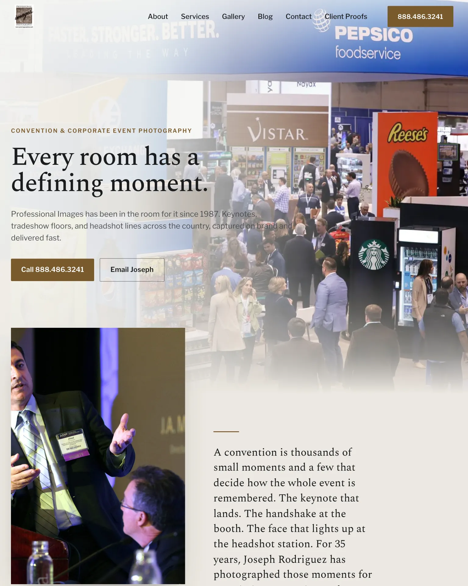 The Professional Images Photography site we built: a convention floor hero and corporate event photography copy